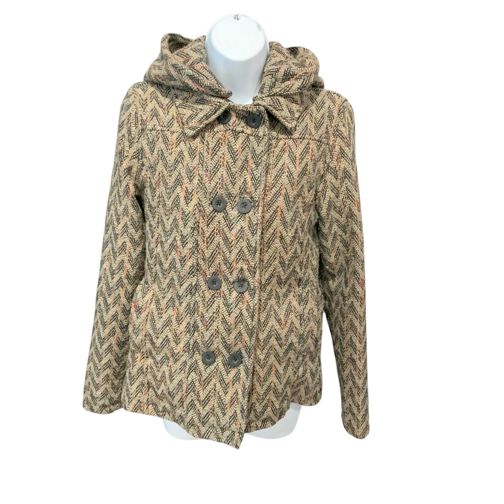 O'Neill Tweed Chevron Double Breasted Pea Coat with Removable Hood size Small